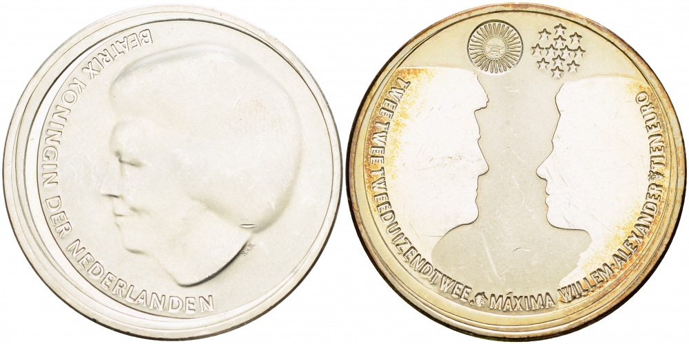 Нидерланды 10 евро 2002 королевская свадьба Виллема-Александра и принцессы Максимы KM 243 серебро PROOF 1082-3-43