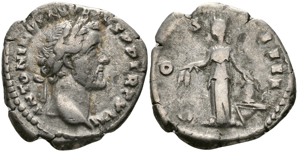 Римская Империя денарий 153 - 154 Антонин Пий COS IIII Аннона, персонификация хлебного урожая Рим Very fine RIC 231 серебро 1073-9-16