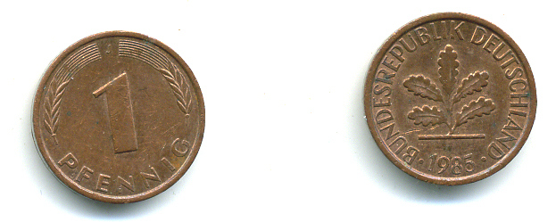 ФРГ 1 ПФЕННИГ 1985 J KM 105, J.380 сталь плакированная медью 89-1717