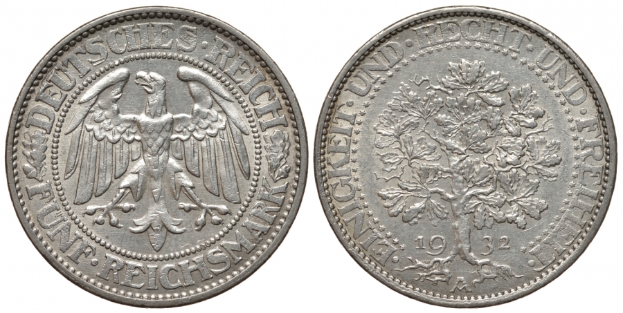 Германия 5 рейхсмарок 1932 A, Веймарская республика, дуб Weege 21, J. 331, KM 56 серебро 00-814-78