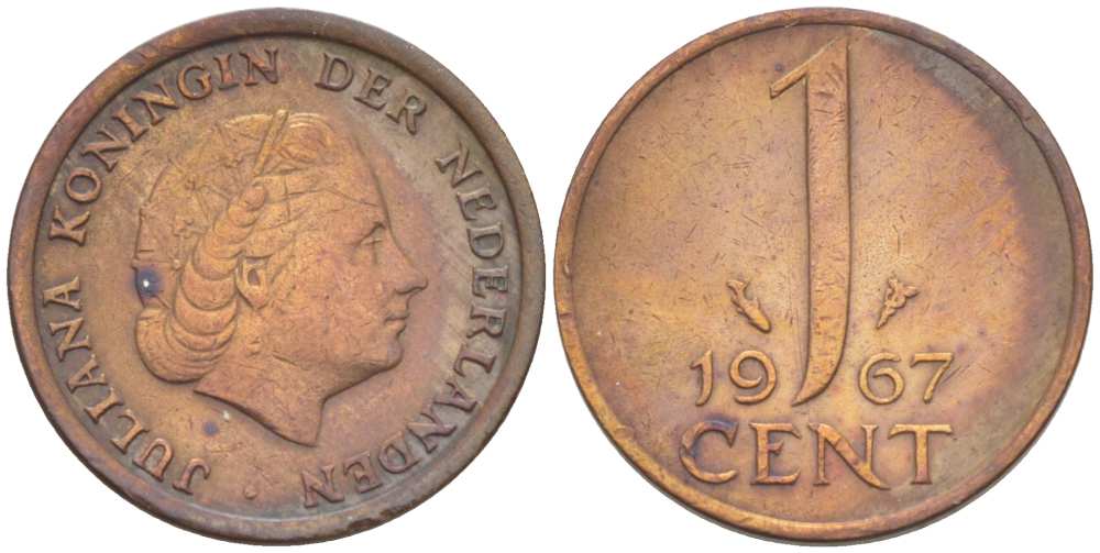 НИДЕРЛАНДЫ 1 ЦЕНТ 1967 ЮЛИАНА (1948-1980) KM 180 бронза 3309-336