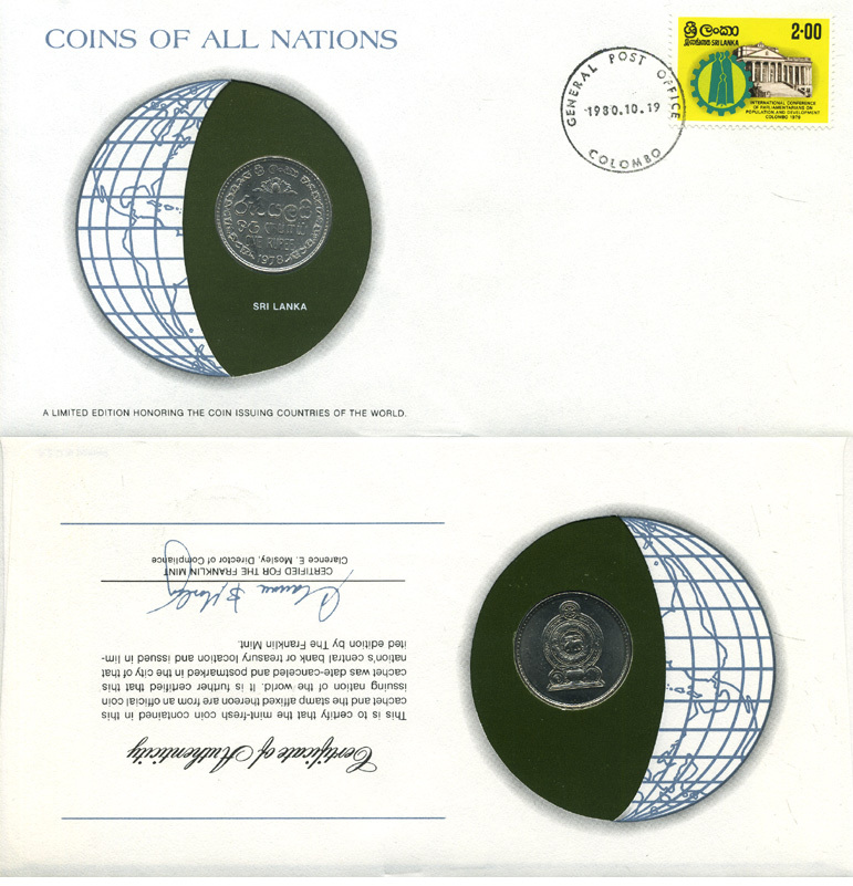 Шри-Ланка 1 рупия 1978 КОНВЕРТ С МАРКОЙ ПЕРВОГО ДНЯ ГАШЕНИЯ, COINS OF NATIONS KM 136.1 медно-никель UNC 4294-61-2
