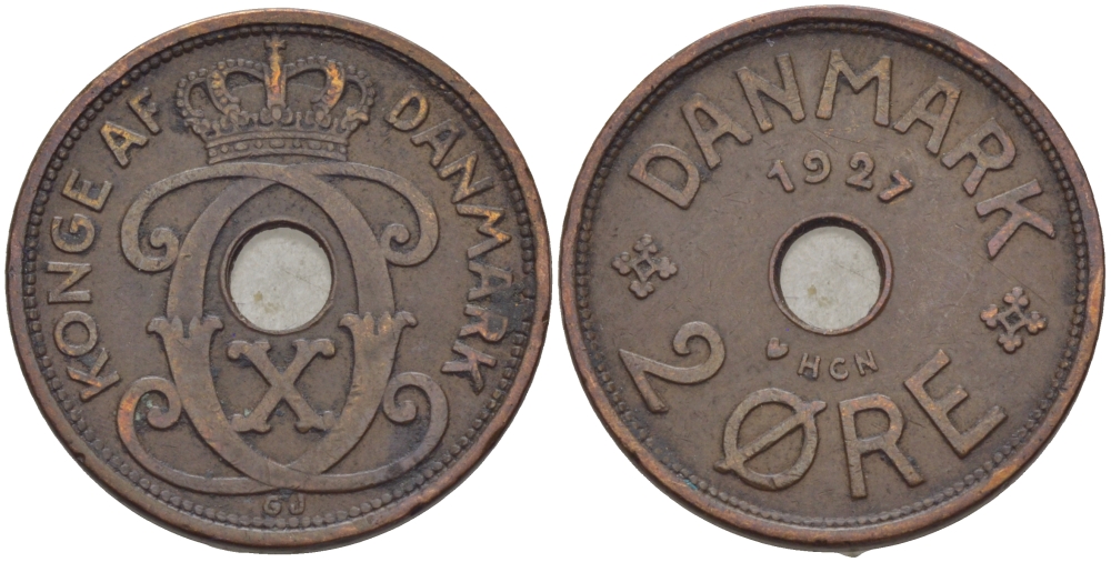 ДАНИЯ 2 ЭРЕ 1927 HCN; GJ, КРИСТИАН X (1912-1947) KM 827.1 бронза 28-344