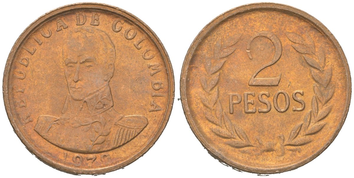 Колумбия 2 песо 1979 KM 263 бронза 4364-1155