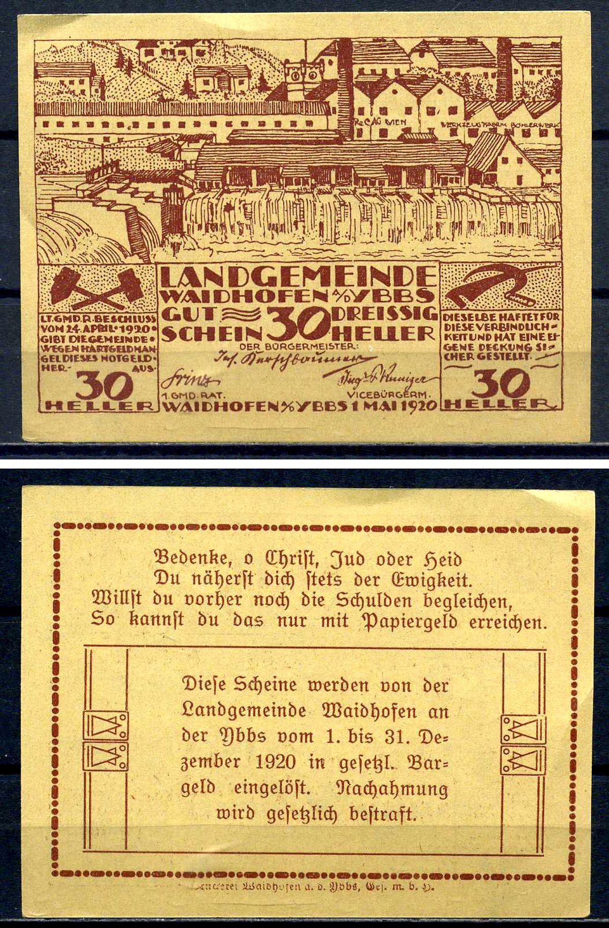 Вайдхофен-на-Ибсе 30 геллеров 1920 Jaksc/Pick?PR1126a-30 бумага aUNC 7556-26-3-1