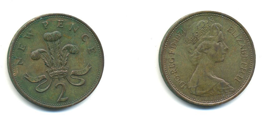 Великобритания 2 пенса 1971 Елизавета II (1952-2022) KM 916, Spink 4235 (C1) бронза 80-1037
