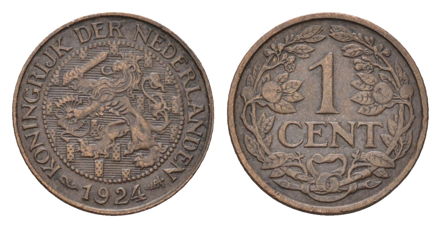 Нидерланды 1 цент 1924 Вильгельмина (1890-1948), редкий год KM 152 бронза 44-1064