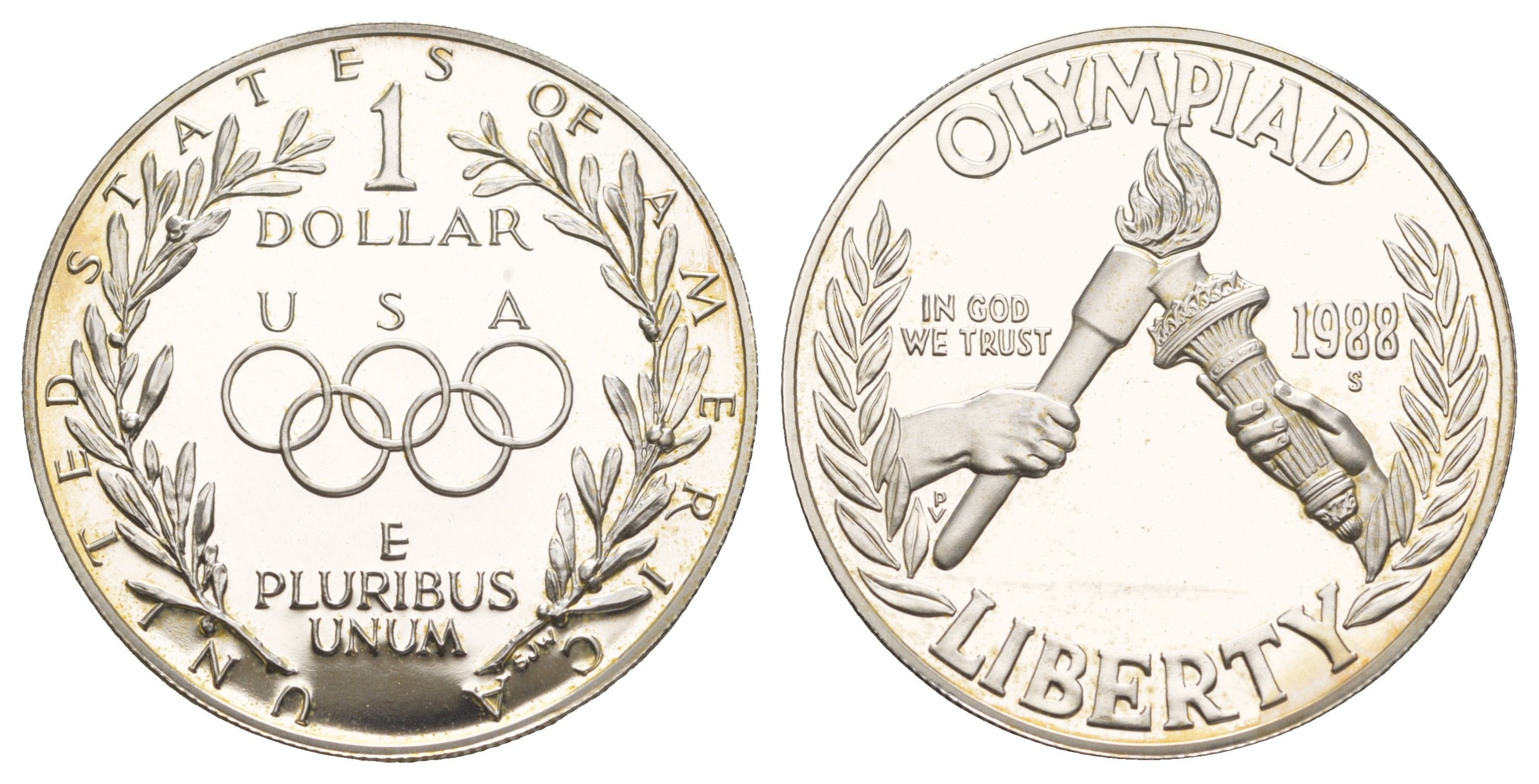 США 1 доллар 1988 S, XXIV летние Олимпийские Игры, Сеул 1988 KM 222 серебро PROOF 11-255-23