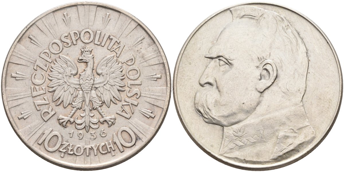 Польша 10 злотых 1936 w, Юзеф Пилсудский KM 29, Parchimowicz 124c серебро 443-741