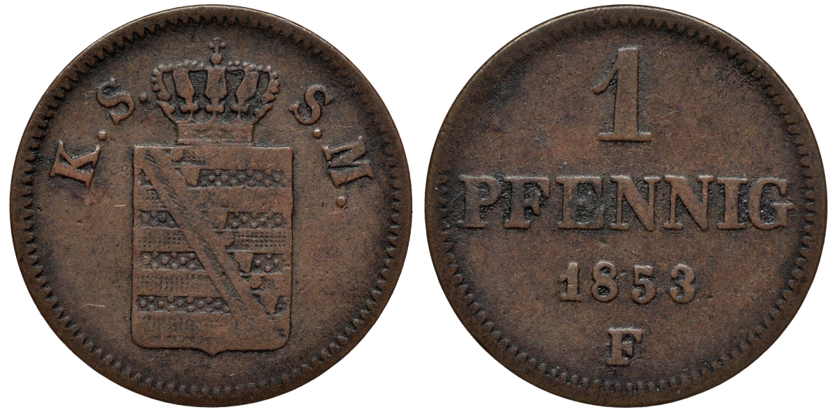 САКСОНИЯ 1 ПФЕННИГ 1853 ФРИДРИХ АВГУСТ II KM 1155, AKS 112, J. 79 медь 75-114
