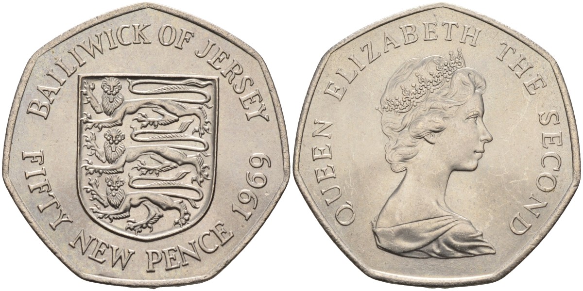 Джерси 50 пенсов 1969 герб, Елизавета II (1952-) KM 34 медно-никель UNC 4583-542