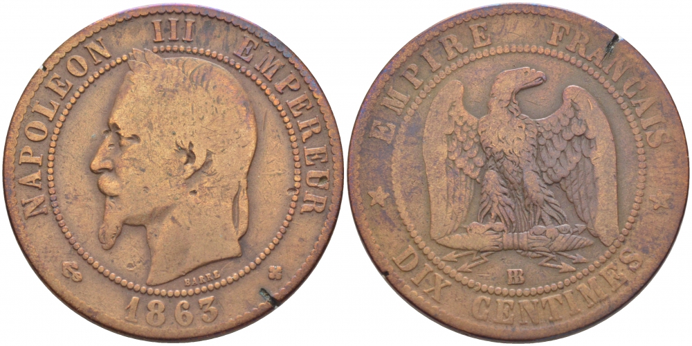 ФРАНЦИЯ 10 САНТИМОВ 1863 BB, НАПОЛЕОН III (1852-1870) KM 798.2, LA FRANC 134.9 бронза 114-1224