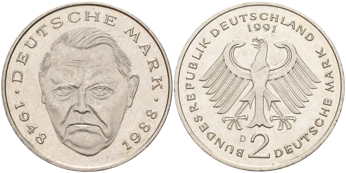 ФРГ 2 марки 1991 D, Людвиг Эрхард, 40 лет Федеративной Республике (1948-1988) KM 170, J. 445 медно-никель плакированный никелем 4583-232