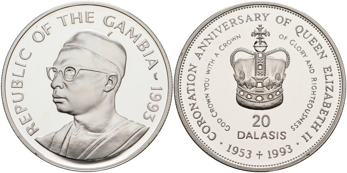 Гамбия 20 даласи 1993 40 лет коронации Елизаветы II (1953-1993), тираж 10000 экз. KM 32 серебро PROOF 1098-1-51