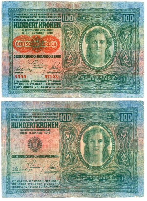 Австрия 100 крон 1912 (1919) красная надпечатка на Pick 12, на аверсе Pick 56 a бумага 8612-62-2-2