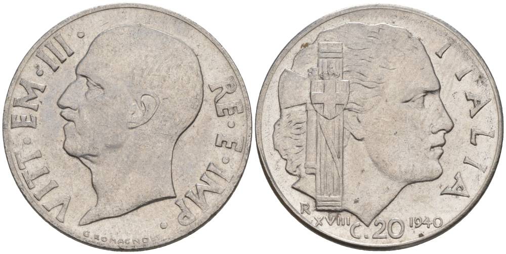 ИТАЛИЯ 20 ЧЕНТЕЗИМО 1940 R, ГОД XVIII, ВИКТОР ЭММАНУИЛ III (1900-1946), МАГНИТНАЯ, ГУРТ РИФЛЁНЫЙ KM 75b, VEM3. 1025 нержавеющая сталь 3853-524