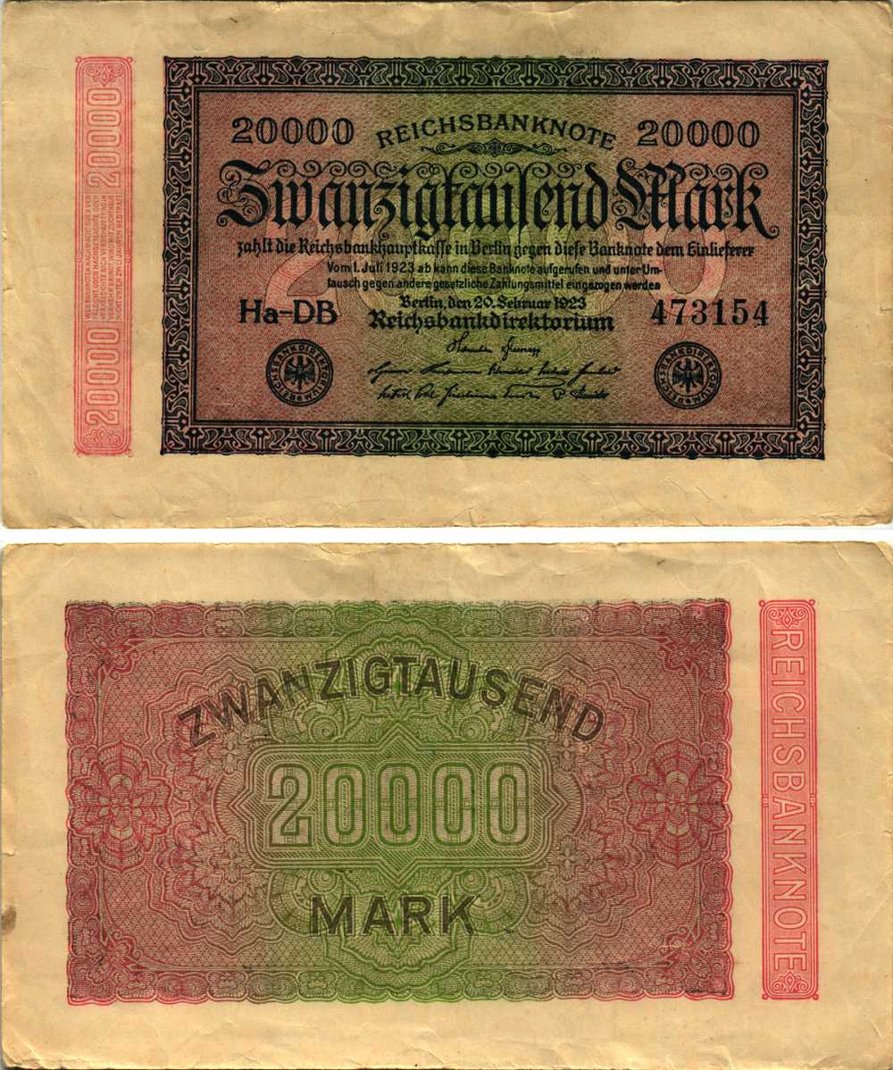 ГЕРМАНИЯ 20000 МАРОК 1923 20 ФЕВРАЛЯ 1923, ВОДЯНОЙ ЗНАК L Pick 85a бумага 8608-37-1