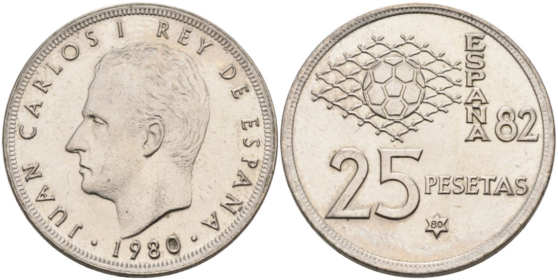 Испания 25 песет 1980 (80) чемпионат мира по футболу в Испании KM 818 медно-никель 4572-1036