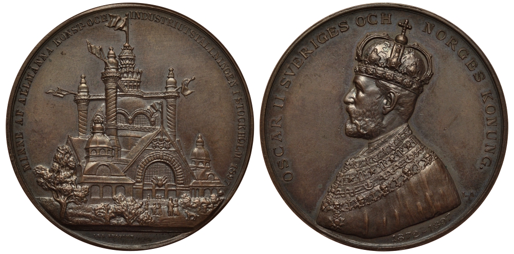 Швеция медаль 1897 индустриальная выставка в Стокгольме, 45,00 мм, 33,00 гр.  бронза  UNC  1082-6-22