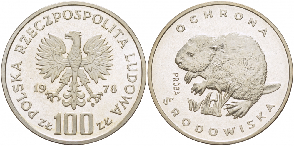 Польша 100 злотых 1978 серия охрана окружающей среды, бобер, пробный выпуск (PROBA) KM Pr 331, Parchimowicz 383a серебро PROOF 1082-1-11