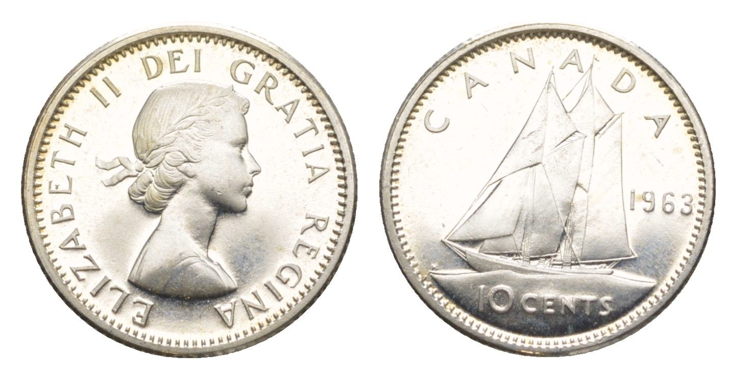 Канада 10 центов 1963 Елизавета II (1952-2022), парусник KM 51 серебро PROOF-LIKE (BU) 4639-612