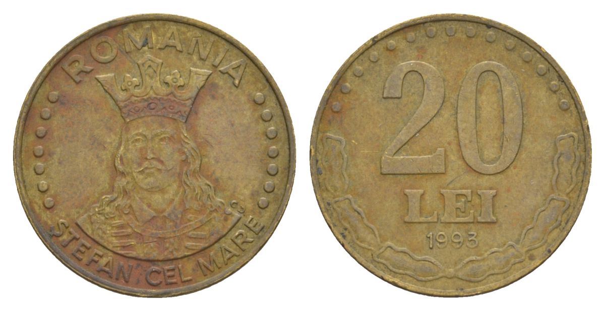 Румыния 20 леев 1993 KM 109 сталь плакированная латунью 4635-231