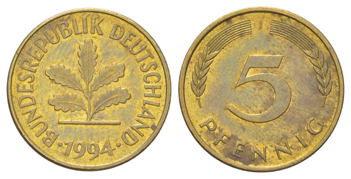 Германия 5 пфеннигов 1994 J KM 107 сталь плакированная латунью 4625-422