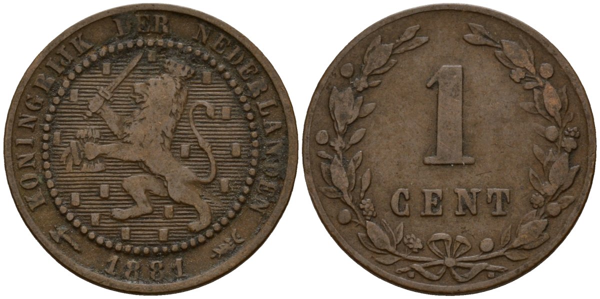 Нидерланды 1 цент 1881 Виллем III (1849-1890) KM 107 бронза 4154-861
