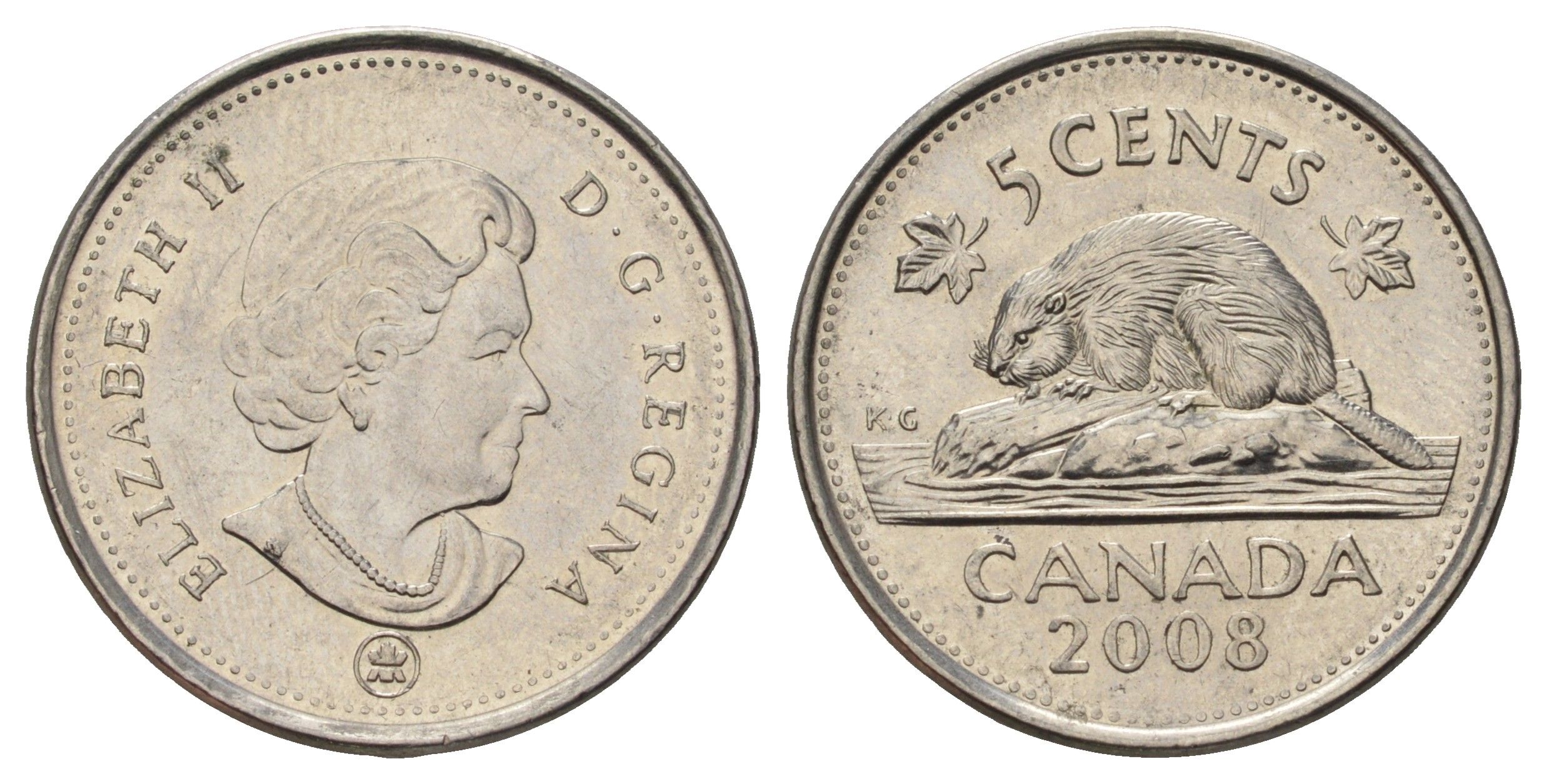 Канада 5 центов 2008 Leaf, Елизавета II (1952-2022), бобр KM 491 сталь плакированная никелем UNC 4689-512