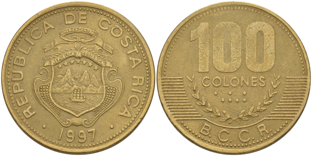 Коста-Рика 100 колон 1997 B.C.C.R. KM 230а латунь 82-232