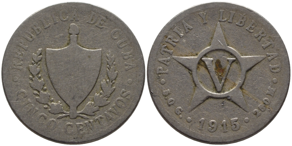 Куба 5 сентаво 1915 ПЕРВАЯ РЕСПУБЛИКА (1902-1962) KM 11.1 медно-никель 4379-233