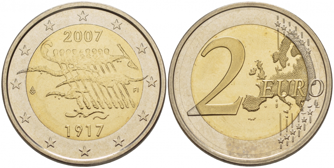 Финляндия 2 евро 2007 90 лет независимости KM 139 биметалл BUNC 1094-6-11