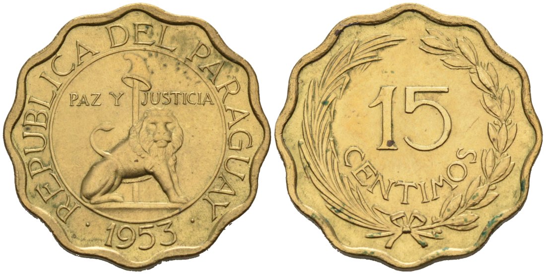 Парагвай 15 сентимо 1953 лев, фригийский колпак на шесте KM 26 алюминиевая бронза 4566-755