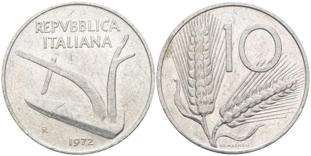 ИТАЛИЯ 10 ЛИР 1972 R, ПЛУГ, КОЛОСЬЯ KM 93 алюминий 175-421