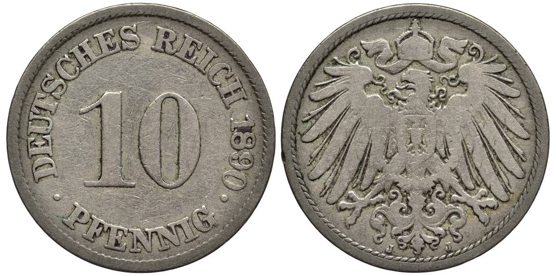 ГЕРМАНИЯ 10 ПФЕННИГОВ 1890 J KM 12, Jager 13, Weege 8 медно-никель 4543-1013