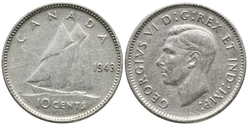 Канада 10 центов 1943 Георг VI (1936-1952), парусник KM 34 серебро 4532-742
