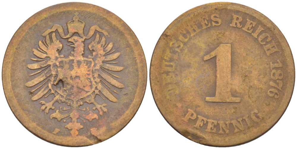 Германия 1 пфенниг 1876 F KM 1, J. 1, Weege 1 медь 206-1038