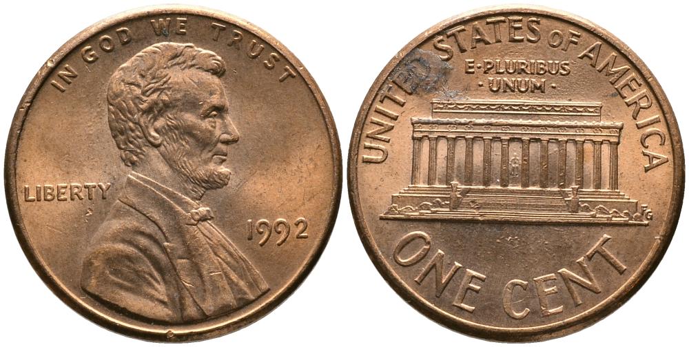 США 1 ЦЕНТ 1992 ЛИНКОЛЬН KM 201b цинк плакированный медью 4549-312