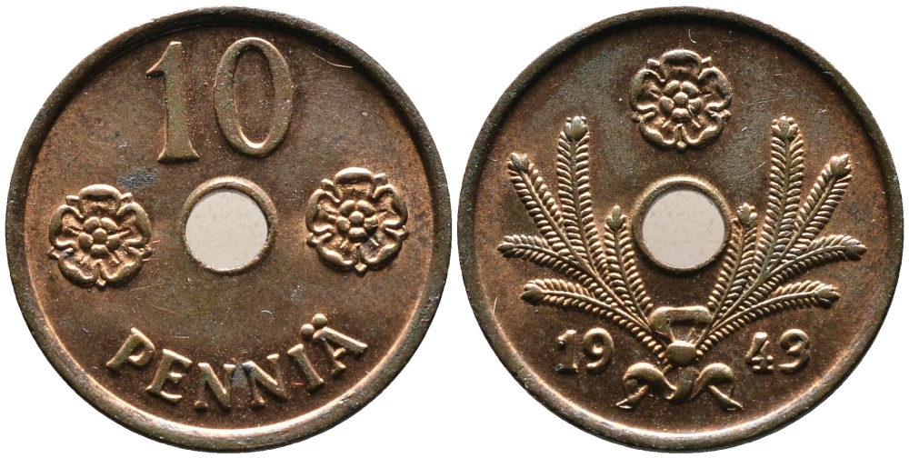 ФИНЛЯНДИЯ 10 ПЕННИ 1943 KM 33.1 медь UNC 4387-442