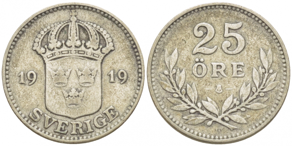 Швеция 25 эре 1919 W, Густав V (1907-1950) KM 785 серебро 3309-912