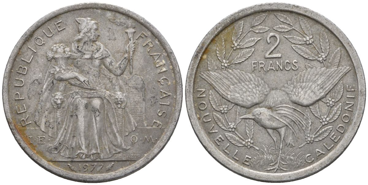 Французская Новая Каледония 2 франка 1977 птица кагу, (IEOM) KM 14, Schoen 11, Lec 58 алюминий    27-414