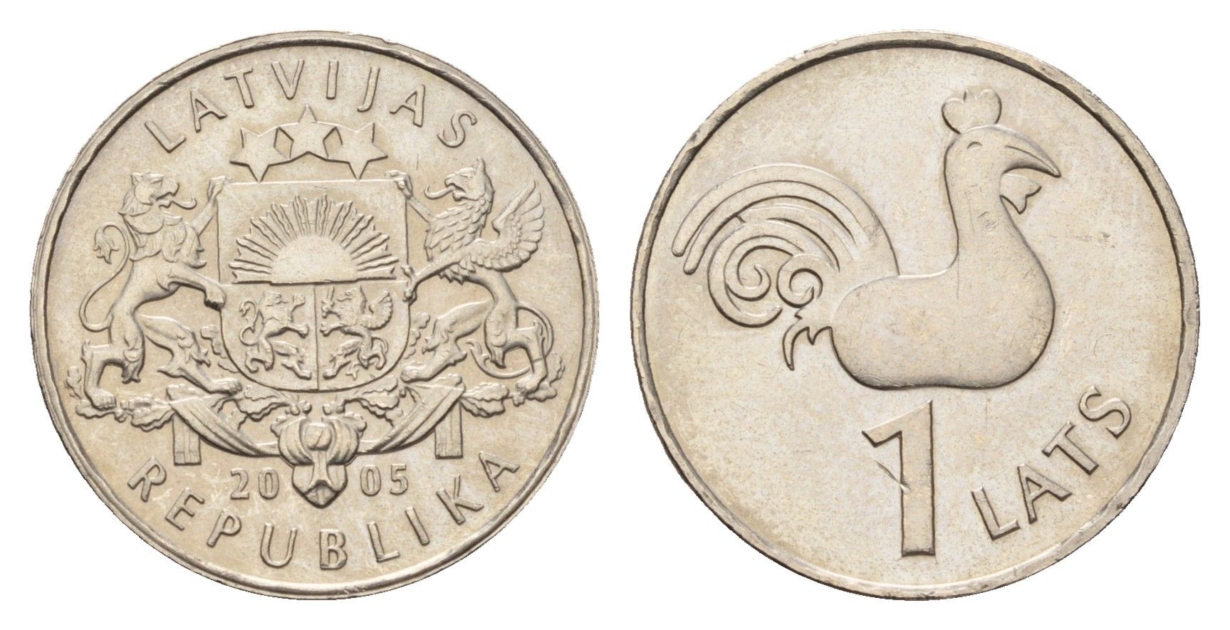 Латвия 1 лат 2005 Петух церкви Святого Петра KM 65 медно-никель UNC 4679-325