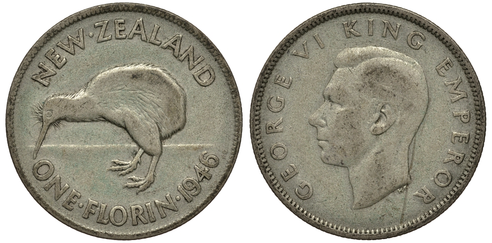 Новая Зеландия 1 флорин 1946 Георг VI (1936-1952), птичка киви KM 10.1 серебро 272-1632