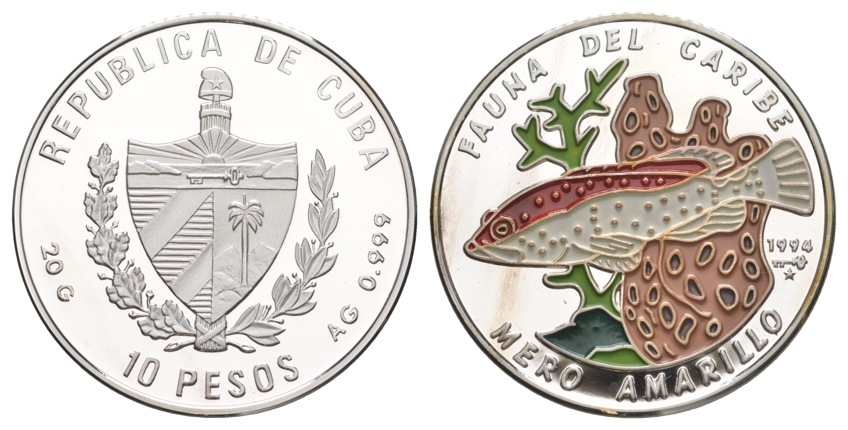 Куба оригинальный полный набор из 6 монет (10 песо) в оригинальной коробке 1994 Карибская фауна 1-4-6-07