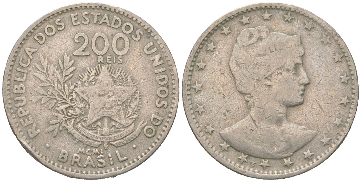 Бразилия 200 реалов 1901 MCMI, голова свободы вправо KM 504 медно-никель 4612-413