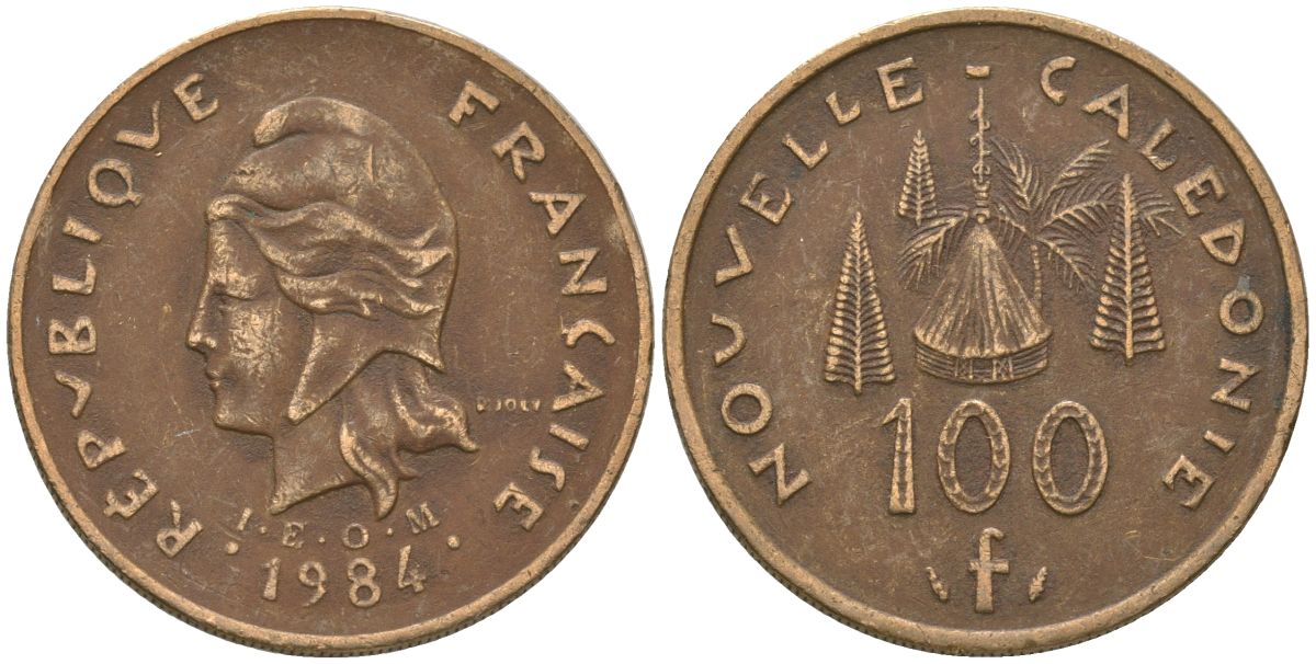 Французская Новая Каледония 100 франков 1984 хижина среди сосен и пальм, (IEOM) KM 15, Schoen 16, Lec 134 никель латунь 4137-811