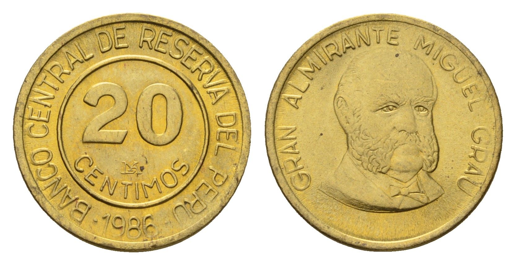 Перу 20 сентимо 1986 Мигель Грау Семинарио KM 294 латунь UNC 4615-127