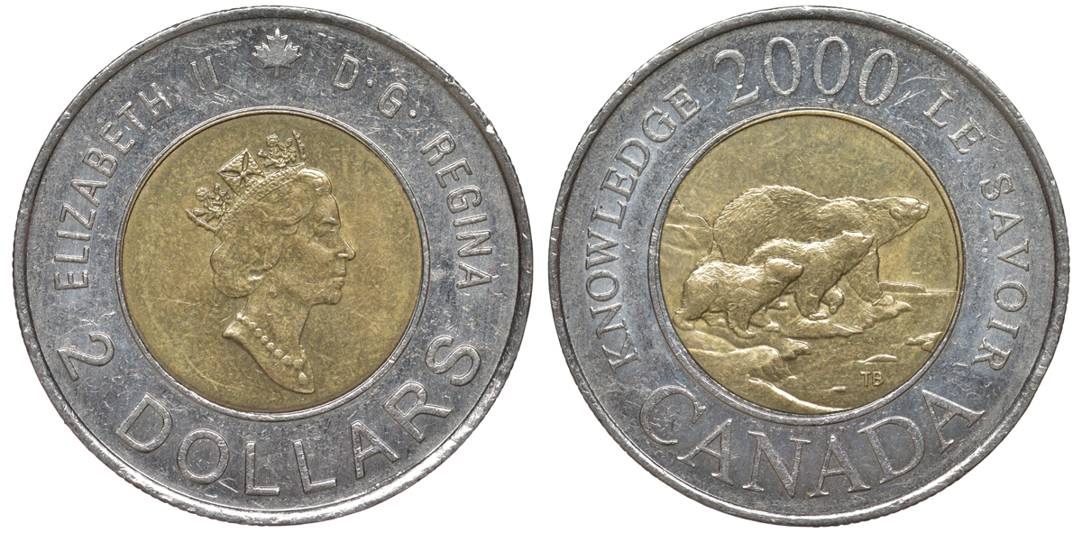 Канада 2 доллара 2000 миллениум, полярные медведи KM 399 биметалл 4605-624