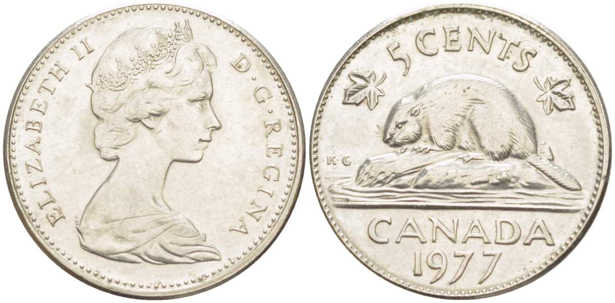 Канада 5 центов 1977 Елизавета II (1952-2022), бобр KM 60.1 никель 4516-1257