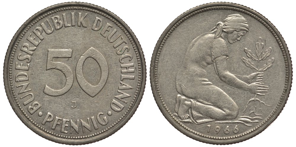 ФРГ 50 ПФЕННИГОВ 1966 J KM 109.1, J. 384 медно-никель 4127-1314